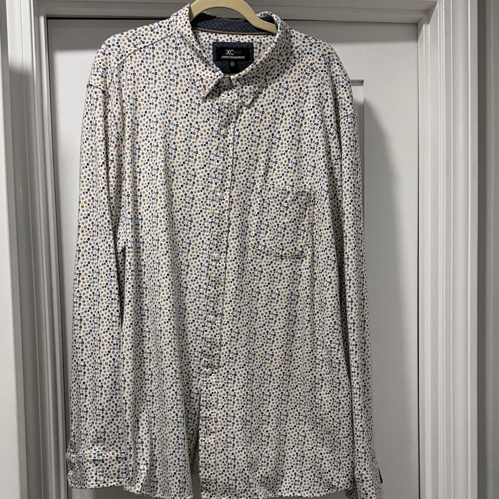 Johnston & Murphy White Button-Down Shirt with Blue & Brown Dot Print